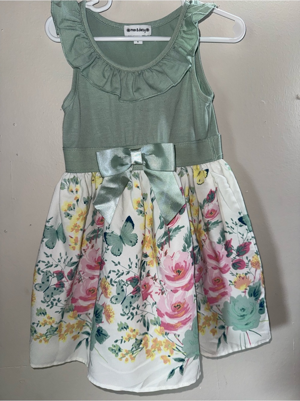 Marks & Spencer Mint Green Bodice Floral Skirt Dress with Satin Bow
